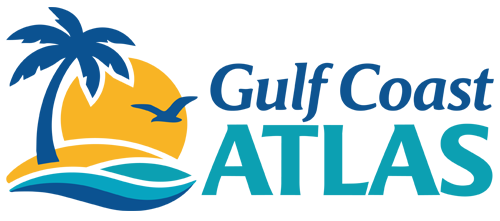 Gulf Coast Atlas Logo with a Palm Tree, Sunset and Beach